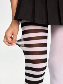 ROMWE Grunge Punk 1 Pair Goth Rock AB Striped And Solid Color Pantyhose, Halloween - Black and White - View 1