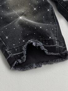 Manfinity VCAY Jeans de mezclilla rectos de tiro medio lavados con adornos de rhinestone para hombre - Negro - Ver 3