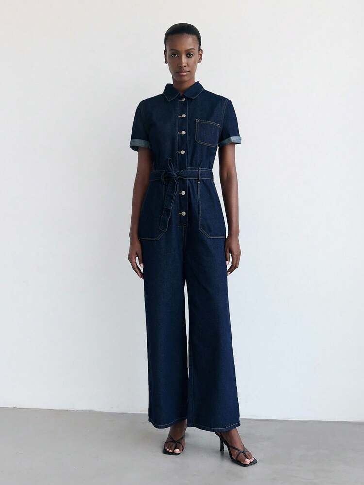 Maija 女士休闲牛仔连体裤，适合夏季通勤 - 深色水洗藍 - 查看 3