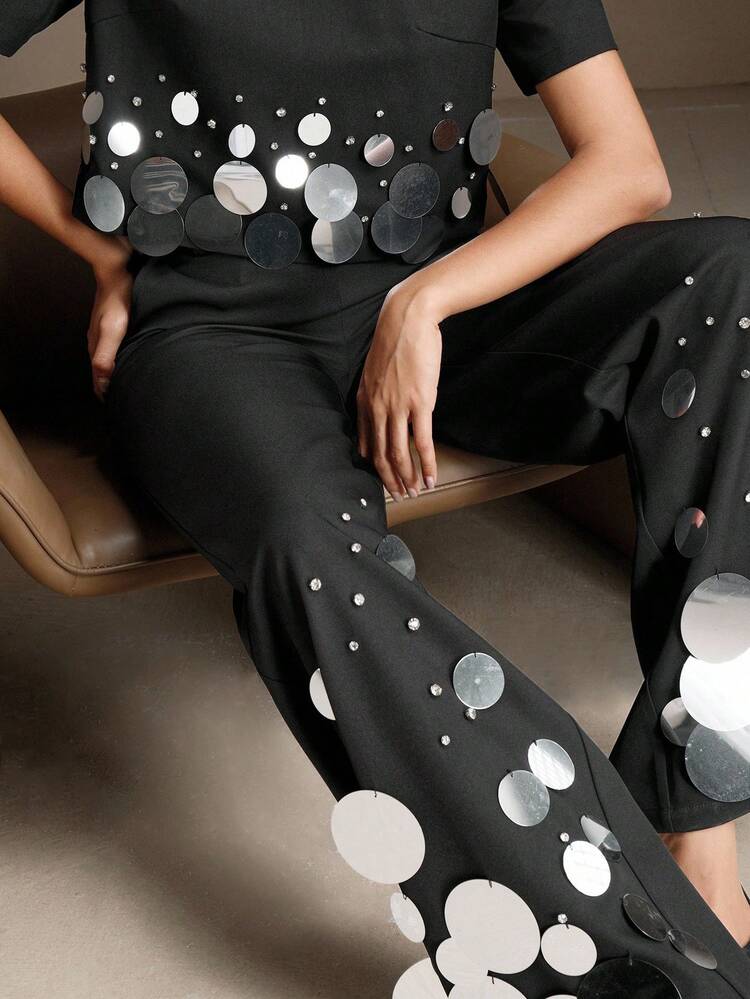 ゆとりストレートハイウエストワイドレッグスパンコール装飾ファッションパンツ