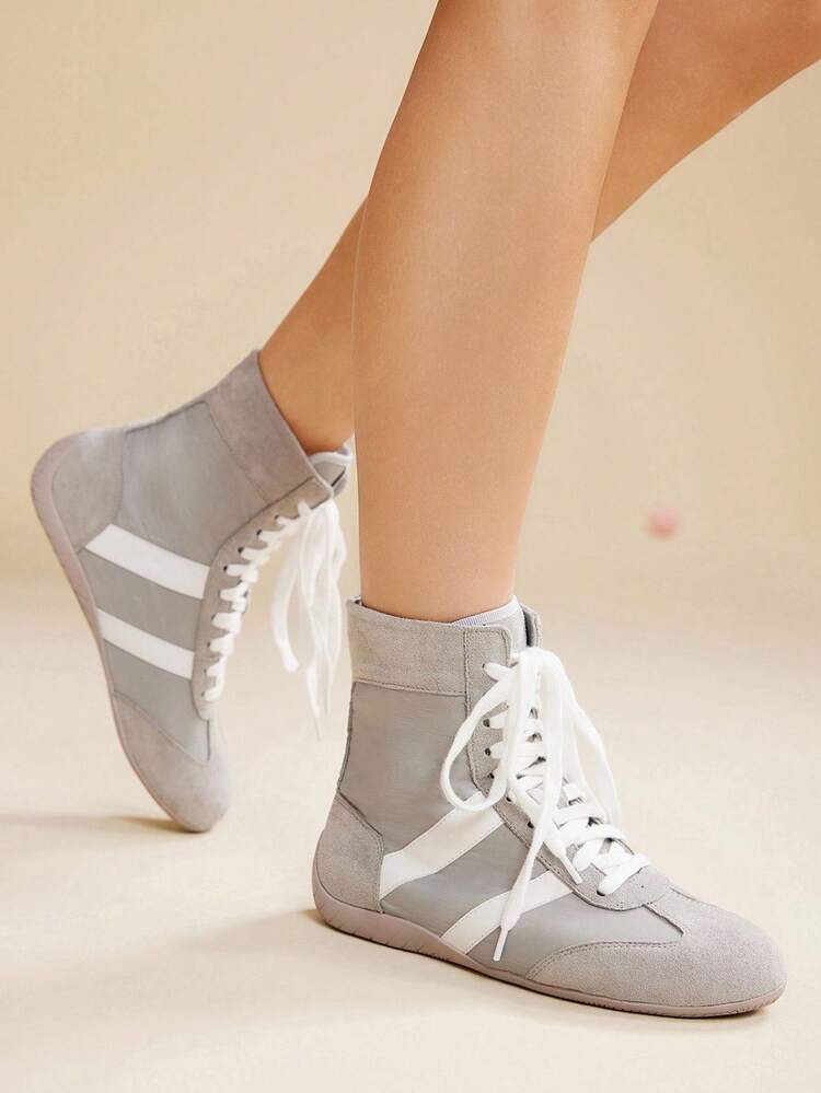 CUCCOO EASI Women's High-Top Lace-Up Round Toe Flat Casual Sneakers, Casual PU Leather Silver Color Autumn/Winter Sneakers For Daily Indoor & Outdoor Wear