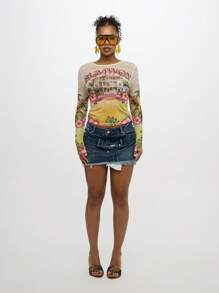 SUMWON WOMEN 夏威夷风情印花长袖网眼纽扣衬衫 花卉芙蓉海滩别墅夏季度假胜地棕榈系列轻盈飘逸热带岛屿上衣 - 彩色 - 查看 3