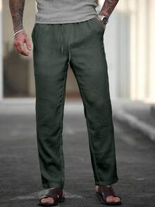 Manfinity Homme 休闲时尚百搭纯色简约抽绳男式裤子 - 軍綠色 - 查看 3