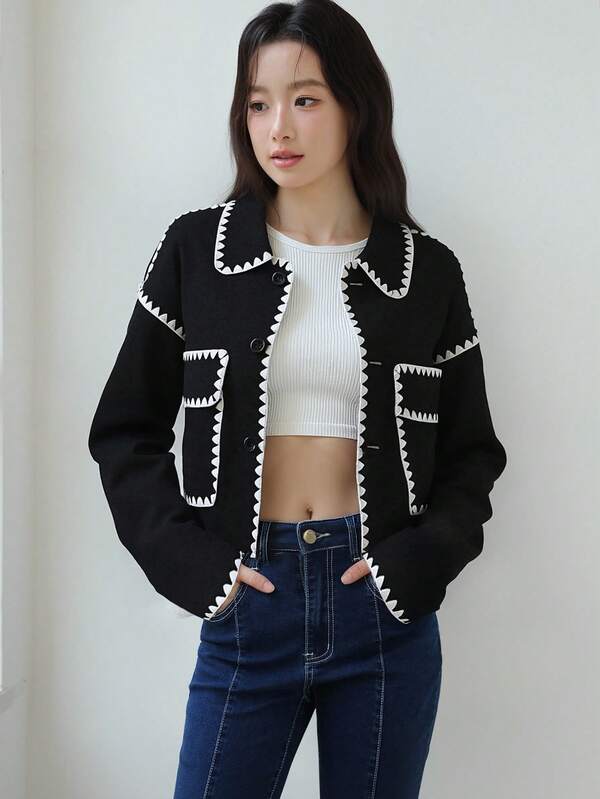 K-Vae Women's Full And Winter Black Jacket, Contrasting White Edges, Elegant And Simple Autumn Match, Back To School, Teacher Uniform, Airport Uniform, Soft And Warm, Simple Daily Wear