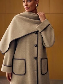 MOTF PREMIUM FASHIONABLE RETRO CONTRAST TRIM OVERCOAT - Brown - View 3