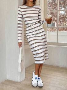 Pariaura 2025 Autumn New Collection: Women's Timeless Striped Dress – Round Neck For Effortless Grace, Cinched Waist To Flatter Curves, Adjustable Side Ties For Custom Fit, Flowing Long Silhouette (Mid-Calf To Ankle) With Elegant Allure. Perfect For Daily Outings, Workdays, Or Romantic Dates. Fall Cloth For Women