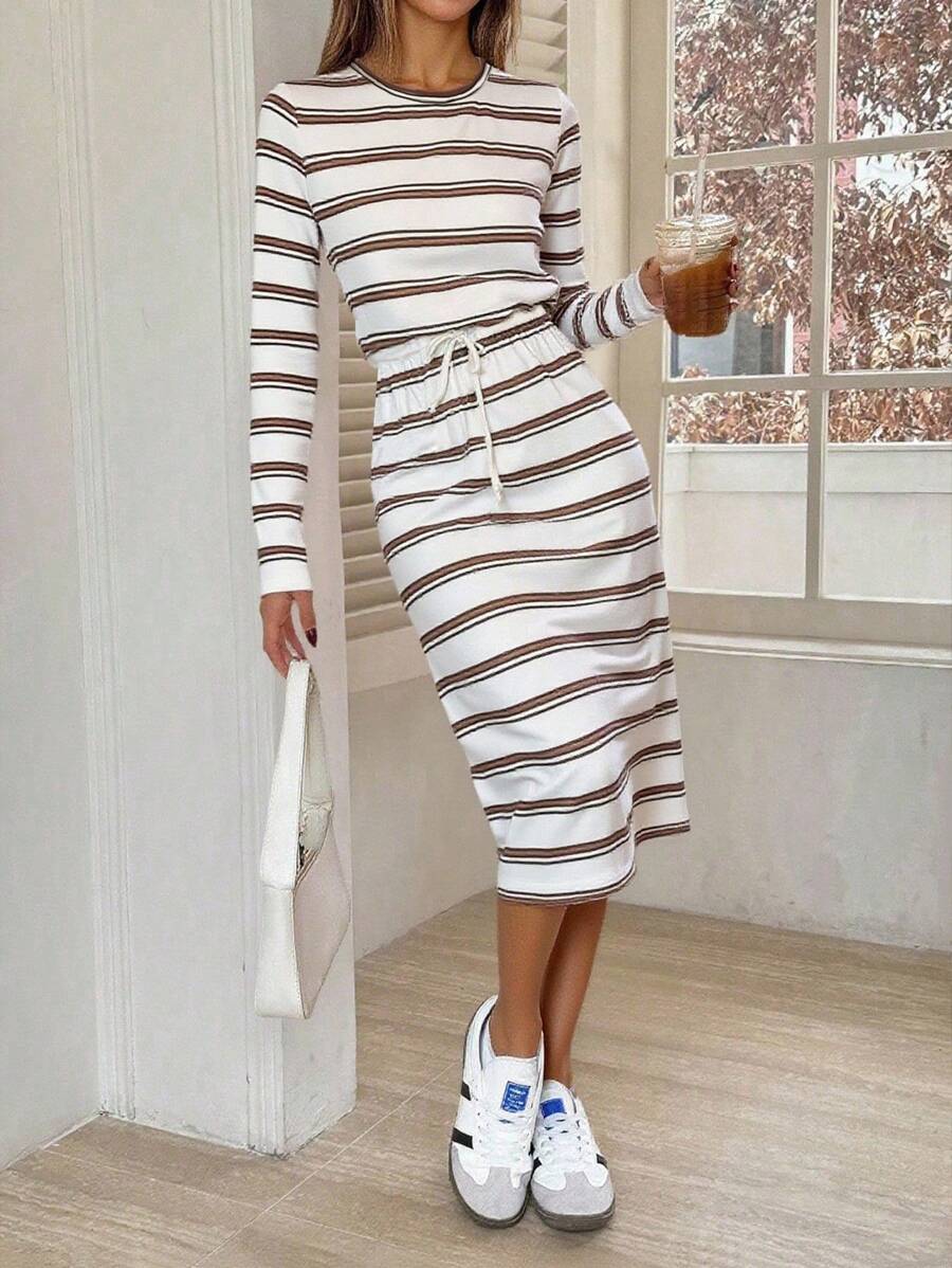 Pariaura 2025 Autumn New Collection: Women's Timeless Striped Dress – Round Neck For Effortless Grace, Cinched Waist To Flatter Curves, Adjustable Side Ties For Custom Fit, Flowing Long Silhouette (Mid-Calf To Ankle) With Elegant Allure. Perfect For Daily Outings, Workdays, Or Romantic Dates. Fall Cloth For Women