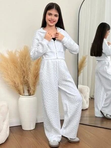 SHEIN Tween Girl Loose Casual Minimalist Comfortable Hoodie And Pants Set Fall Winter - White - View 4