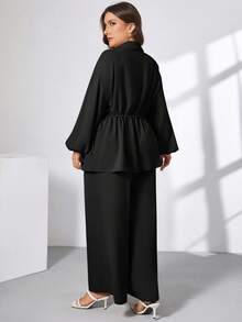 SHEIN Essnce Plus Size Women's Spring And Summer Fashion Casual Loose Comfortable Daily Cool Fabric Apricot Long Sleeve Button Waist Shirt And Wide Leg Pants Two Pieces Set, Conservative Clothing, Pants Set