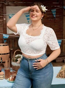 SHEIN Frenchy 加大码优雅简约蕾丝纯色方领衬衫，适合啤酒节、连衣裙 - 白色 - 查看 3