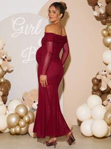 Loomaby 孕妇纯色褶饰露肩长袖鱼尾下摆修身优雅连衣裙 - 酒紅色 - 查看 2