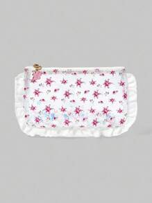 ROMWE Fairycore 透明 PVC 亮片白色蕾丝全身红色花朵图案化妆包，小巧便携收纳盒 - 彩色 - 查看 2