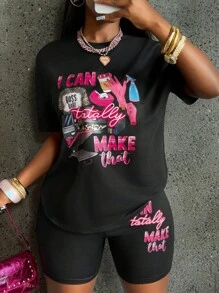 Rovax 女士夏季休闲两件套 - 标语印花圆领短袖T恤和短裤 - 黑色 - 查看 3