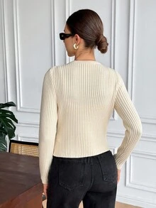 SHEIN Frenchy Women's Elegant Crew Neck Long Sleeve Textured Knit Cardigan,White Gold Button Waist-Defining Fit Sweater For Autumn Brunch,Christmas New Year Top - Grey - View 2