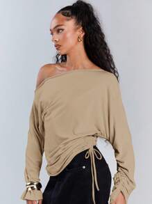 Athîral 女士休闲纯色不对称领抽绳上衣，秋季