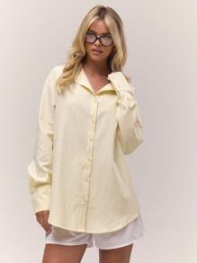 MUSERA 超大款细条纹长款奶油黄衬衫，复古乡村风，清新可爱，适合清新女孩夜晚穿着。奶油黄休闲上衣，优雅迷人，适合春夏度假。 - 黃色 - 查看 1