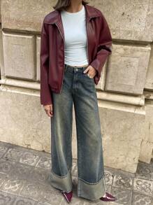 Aloruh Jaqueta Commuter Ancla Vermelha de PU Fashionable & Versátil para Outono/Inverno