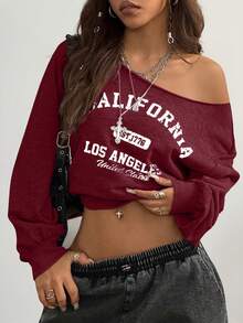 Coolane 女式秋冬休闲针织地名图案单肩运动衫 - 酒紅色 - 查看 1