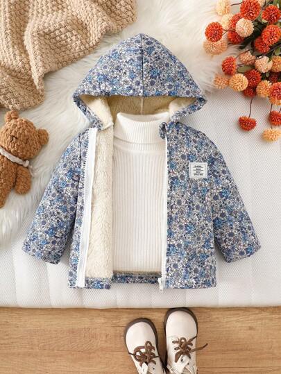 SHEIN Vintaside Kids 复古碎花连帽夹克，适合女婴，拉链开合，保暖内衬，休闲时尚冬季外套