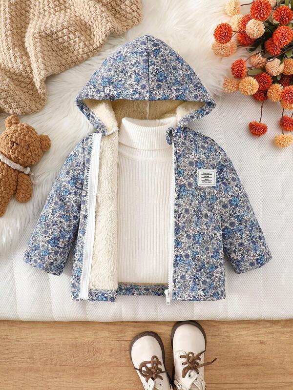 SHEIN Vintaside Kids Vintage Ditsy Floral Hooded Jacket For Baby Girls, Zipper Closure, Thermal Lined, Casual & Fashionable Winter Outerwear Fall