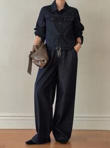 Dazy-Less Women's Loose Business Casual Cargo Style Denim Jacket And Pants Set With Large Pockets, Drawstring, Tie Waist, Autumn/Winter,Fall Women Clothes - Black - View 2