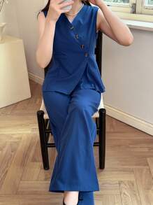 2pcs Tween Girls' Summer Casual Vest And Trousers Set - Blue - View 3