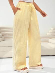 Solflare 浅黄色大码女士休闲长裤，时尚适合夏季 - 芥末黃 - 查看 6