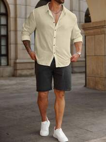 Manfinity Homme Men Plus Size Casual Solid Color Long Sleeve Shirt, Fall - Khaki - View 6