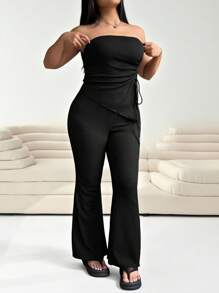 SHEIN EZwear Set de 2 piezas: Top tipo bandeau y pantalones de campana en color café, talla grande, ropa de primavera y verano - Negro - Ver 3