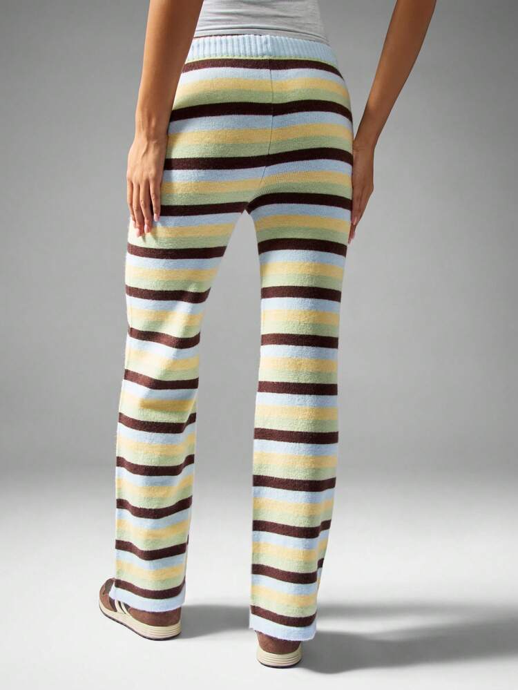 MISSGUIDED Retro Striped Knit Pants Drawstring Waist Y2K Wide Leg Lounge Bottoms Fall Winter Casual Trousers Vintage Style Cozy Loungewear