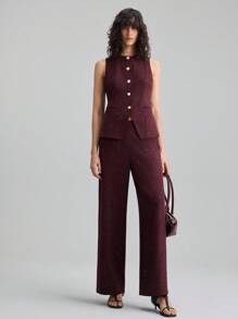 Ontre 2 件套女士西装套装，无袖背心和裤子，紫红色闪亮面料，圆领，收腰，现代都市风格，商务休闲，办公室通勤，日常穿着，秋季，2025 年新款 - 中紫紅色 - 查看 4