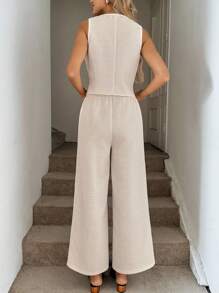 Easowa V 领不对称下摆纽扣前无袖衬衫背心和松紧腰侧袋阔腿裤套装，休闲宽松通勤风格，女士粗花呢面料 - 彩色 - 查看 2