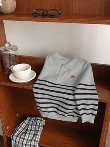 SHEIN 兒童 1 件小男孩條紋軟厚保暖冬季毛衣，拉鍊學院風，開學季、秋季、職業日，舒適時尚適合戶外玩耍 - 彩色 - 查看 6