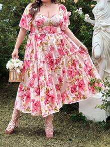 Flirla 加大码优雅法式碎花荷叶边 V 领短袖连衣裙，春季温柔度假风格 - 彩色 - 查看 5