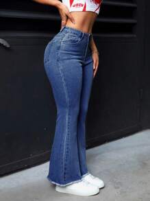 SHEIN PETITE 女式口袋喇叭休闲百搭牛仔裤 - 中等水洗藍 - 查看 5