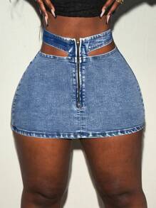 Slaydiva Women's Sexy Hollow Out Fitted Mini Denim Skirt, Summer - Medium Wash - View 2
