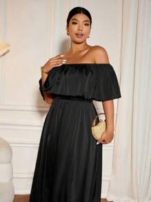 Cravure Váy phù dâu dài cỡ lớn, bó eo, xẻ tà, trễ vai, viền bèo nhún, thanh lịch cho dạ hội, tiếp khách, biểu diễn - màu đen - Xem 3