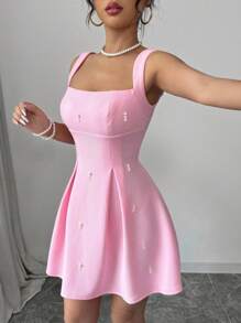 Pearl Embellished Fitted Camisole Dress In Pink - Pink - View 1