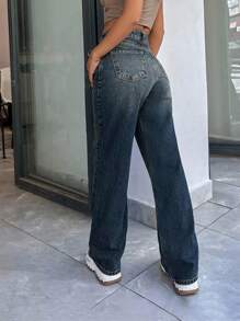 EURMUSE 100% Cotton HIGH RISE STRAIGHT CUT Y2K STYLE JEAN - Dark Wash - View 2