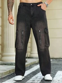 Manfinity Roughcore Men's Plus Size  American Streetwear Loose Fit Cargo Jeans With Stylish Design Black Cargo Jeans - Black - View 1