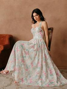 SHEIN Unity 女士浪漫优雅纹理串珠露肩束腰扎染长裙 - 粉色 - 查看 7