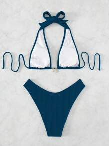 Swim Vcay Summer Beach Chain Linked Halter Bikini Set - Teal Blue - View 4