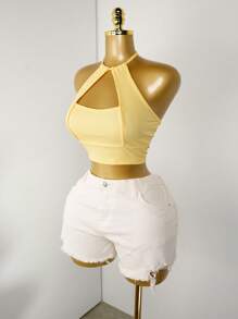 Zolique Women's Solid Color Cutout Cropped Fitted Sexy Halter Crop Top - Yellow - View 3