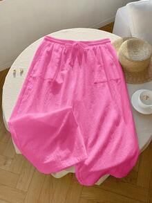 Comfortcana Quần ống rộng có dây rút eo cỡ lớn màu đỏ hồng cho nữ - Màu Hồng Tươi - Xem 6