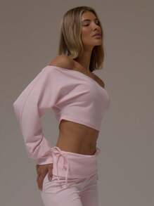 MUSERA Long Sleeve Off The Shoulder Cropped Cuffed Sleeve Top Casual Airport Loungewear Fall Elegant Spring Summer - Baby Pink - View 3