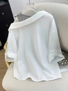 Franclia Quần áo nữ mùa thu Áo sơ mi trắng thông thường dành cho nữ có dây áo hai dây giả, áo trễ vai tay lửng 2 trong 1, thời trang đi làm thanh lịch, thích hợp cho tiệc tùng, áo trễ vai công sở, quần áo trắng toàn bộ cho trường đại học áo cánh trắng - trắng - Xem 2