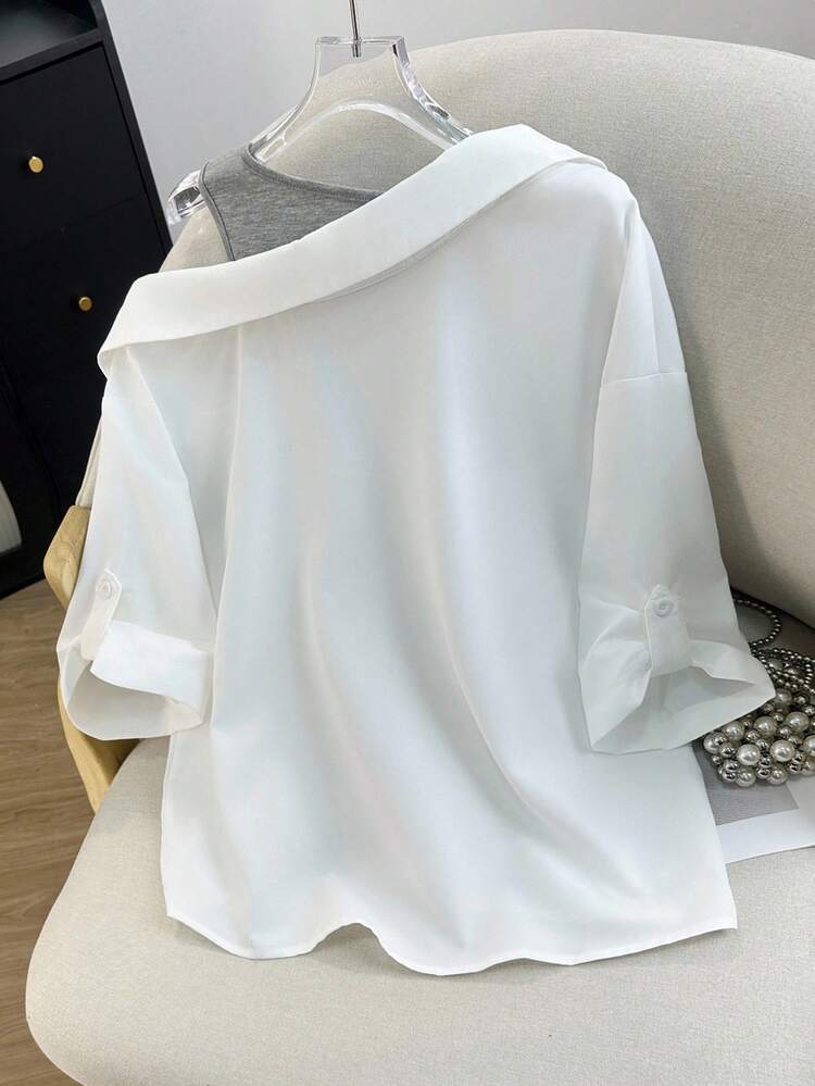 Franclia 秋季女装 女士常规白色衬衫，带假吊带，露肩中袖两用，优雅休闲通勤时尚，适合派对、商务场合，露肩上衣，全白服装，适合大学校园的白色衬衫 - 白色 - 查看 2