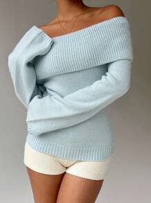 FavEase 秋冬纯色圆领露肩毛衣针织衫