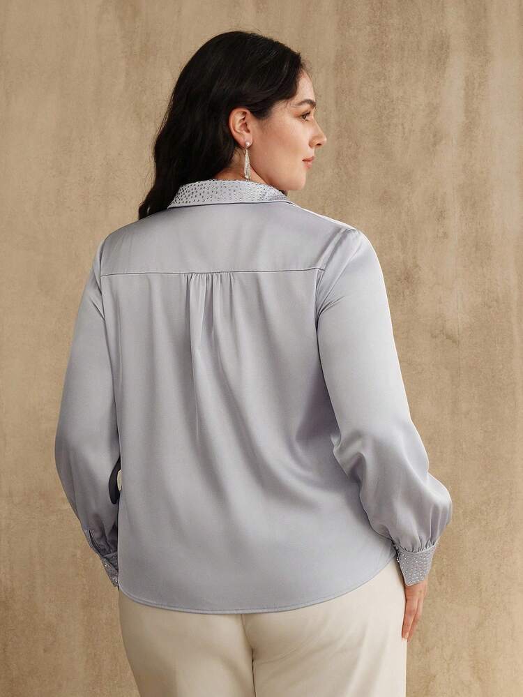 Plus Size Women's Solid Color Rhinestone Embellished Collar Commuter Shirt