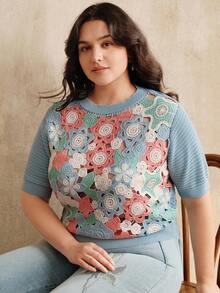 Anewsta Plus Size Hollow Crochet Asymmetrical Floral Knit Sweater - Blue - View 7